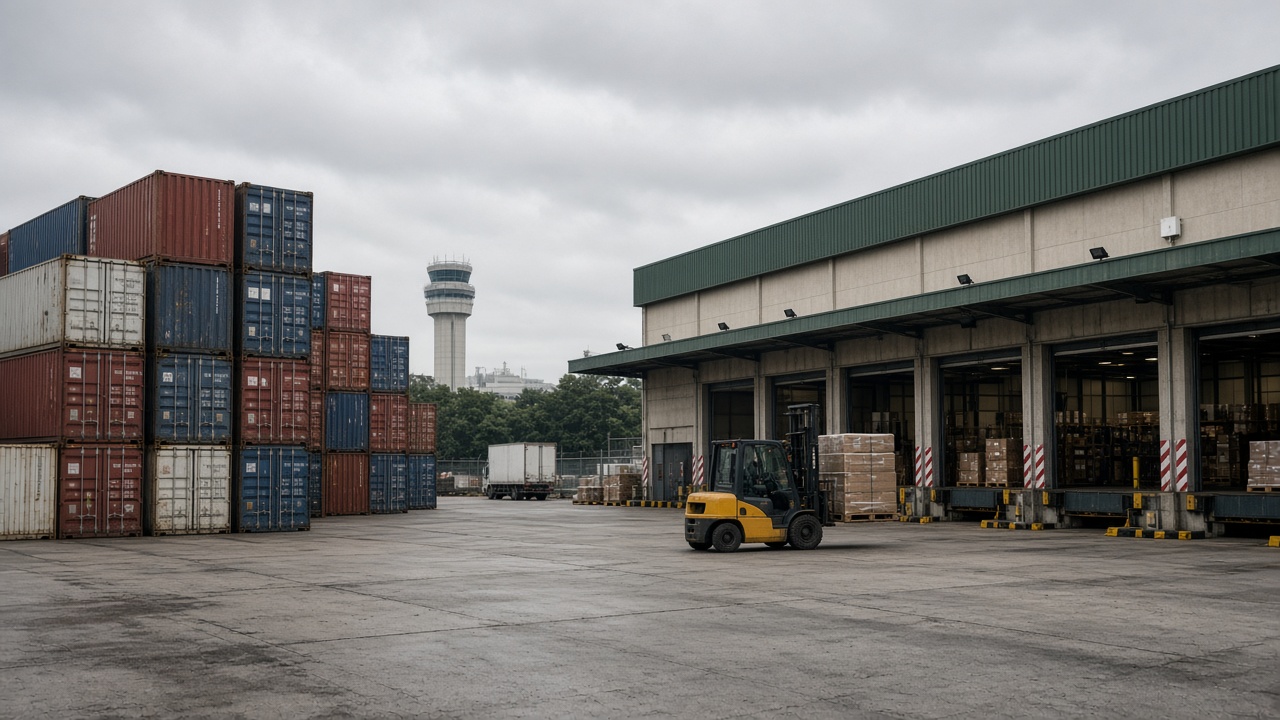 Pátio de containers perto de Cumbica: armazém de despacho e empilhadeira na doca.