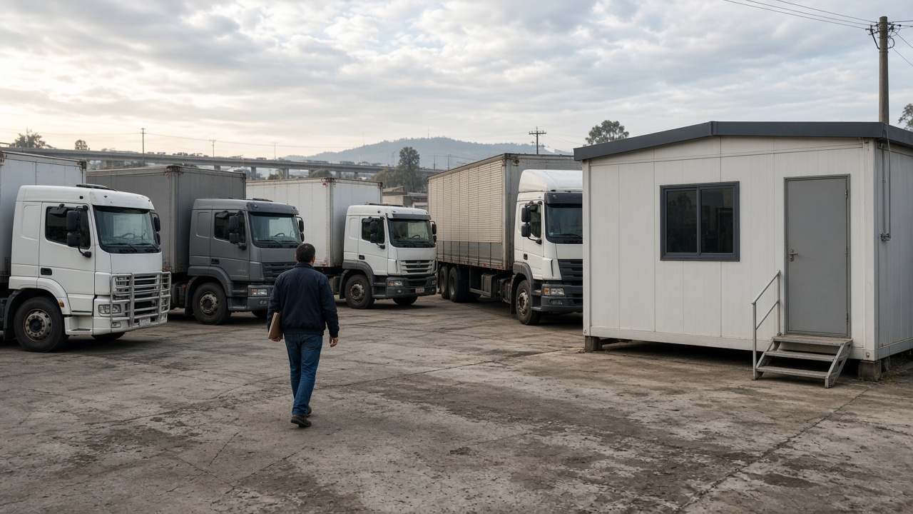 Pátio de transportadora regional em Guarulhos: caminhões no concreto e escritório de container.